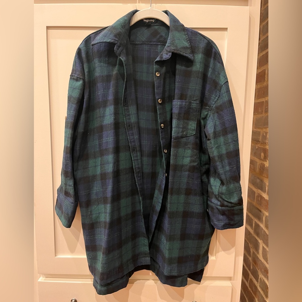 Oversized Green, Blue Plaid Flannel Buttondown Shirt (S/M)